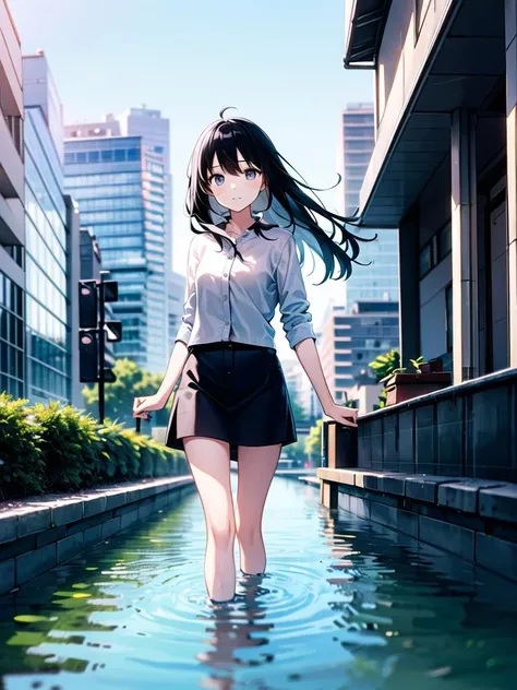 1girl,black hair,long hair,grey eyes,looking at viewer,city,wading, after rain,