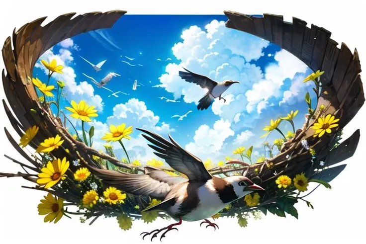 sky,white background, sparrow, flower ring, flying,
