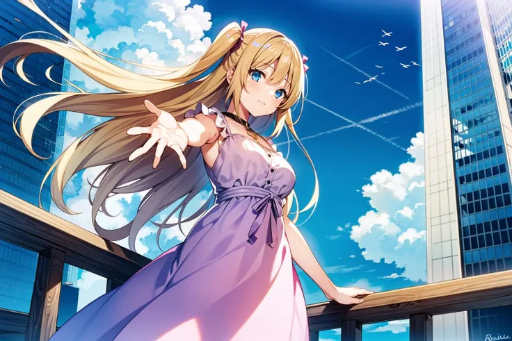 1girl, prt,blonde hair, long hair,blue eyes,one side up, medium breasts,skyscraper, holding bars, against railing, from below, blue sky, cloud, reaching out, pink dress,