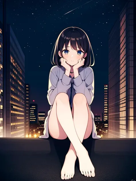 1girl, close-up,night,city,sitting, barefoot, street,