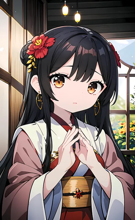 1girl,solo,flower,hair ornament,hair flower,long hair,black hair,earrings,jewelry,red flower,looking at viewer,bangs,long sleeves,wide sleeves,sash,indoors,japanese clothes,upper body,kimono,closed mouth,brown eyes,hands up,hair bun,obi,nail polish,yellow flower,window,(high quality:1.4),(highres:1.2),(masterpiece:1.3),(illustration.media:1.3),