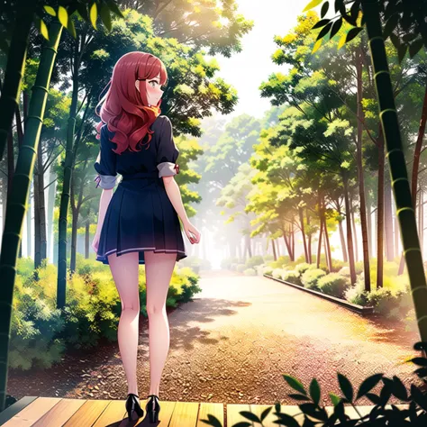 1girl,solo,(hand_on_own_stomach:1.3),endured_face,blush,frown,clenched teeth,red hair,long hair,curly hair,lace-trimmed_dress,from behind,looking_at_viewer,looking_back,standing,knees_together_feet_apart,bamboo forest,Cirrocumulus,Tyndall effect,