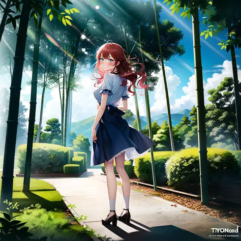 1girl,solo,(hand_on_own_stomach:1.3),endured_face,blush,frown,clenched teeth,red hair,long hair,curly hair,lace-trimmed_dress,from behind,looking_at_viewer,looking_back,standing,knees_together_feet_apart,bamboo forest,Cirrocumulus,Tyndall effect,