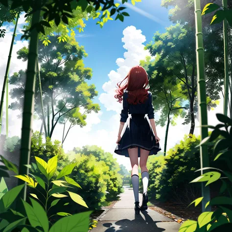 1girl,solo,(hand_on_own_stomach:1.3),endured_face,blush,frown,clenched teeth,red hair,long hair,curly hair,lace-trimmed_dress,from behind,looking_at_viewer,looking_back,standing,knees_together_feet_apart,bamboo forest,Cirrocumulus,Tyndall effect,