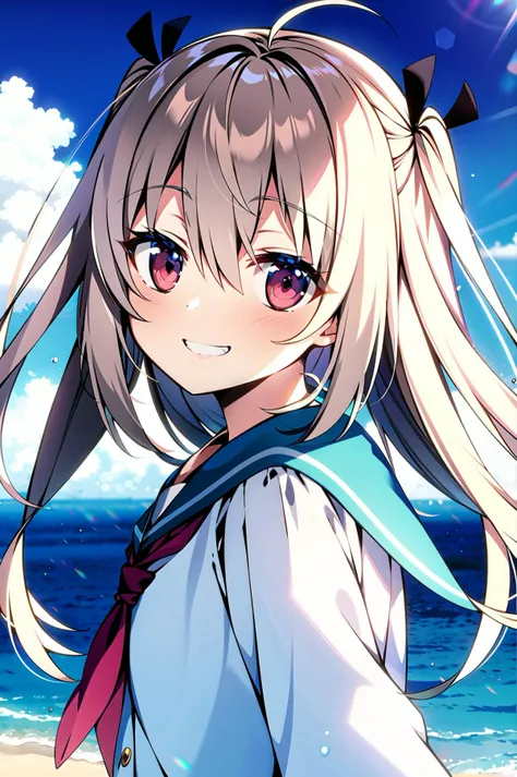 <lora:atri:0.7>,long hair,White sailor suit,Red eyes,neckerchief,sailor collar,Black Ribbon
(incredibly_absurdres),(ray tracing),ray tracing,best quality,masterpiece,cute face,looking at viewer,facing_viewer,eye-contact,reality_ray_tracing,lens_flare,flower ocean,looking_back,flower_necklace,grin,blush visible through hair,eyes visible through hair,cute face,shiny skin,wallpaper,colorful,in summer,sky,