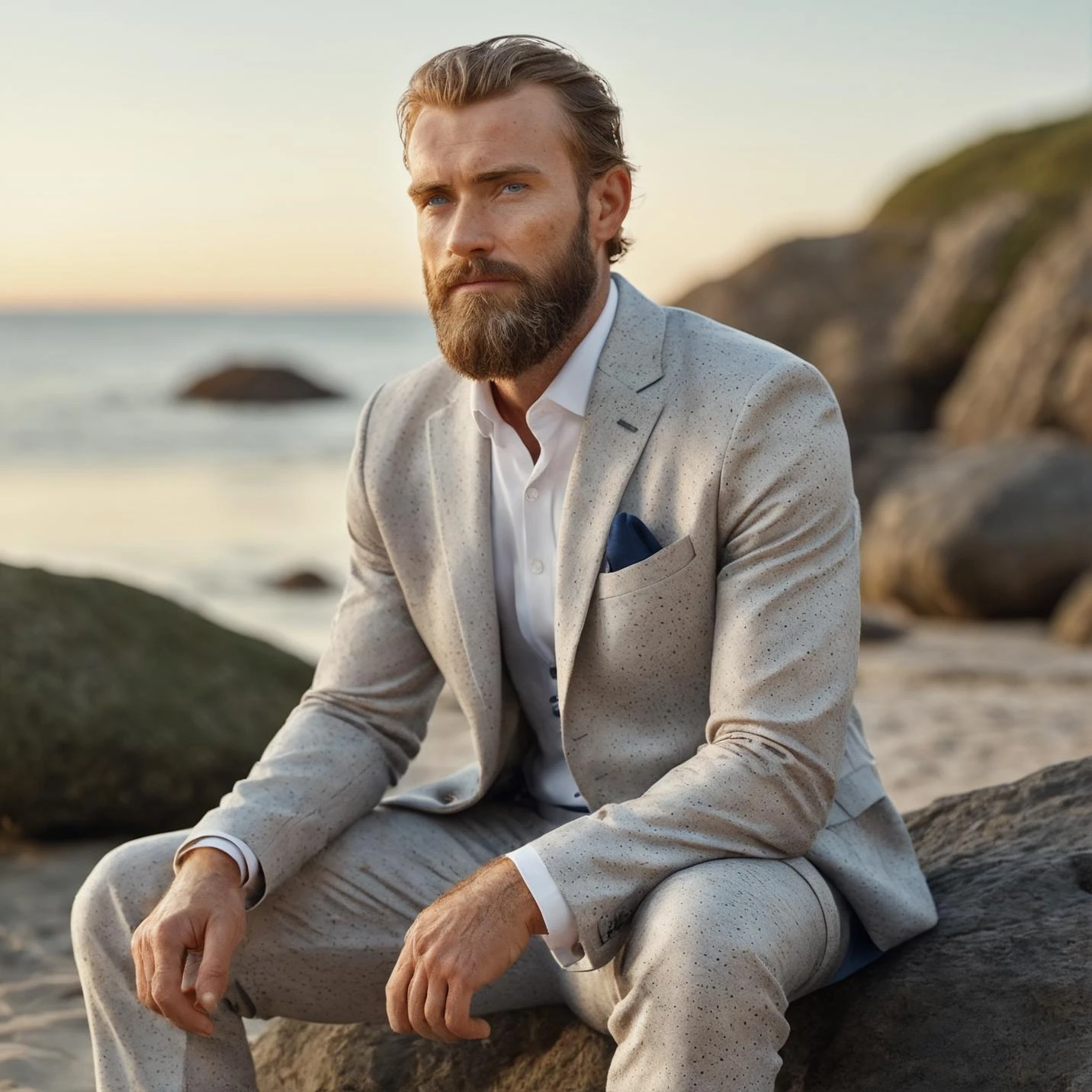 RAW photo, fashion photography, pictorialist style, sharp focus, movie shot with film grain, best quality, masterpiece, ultra high res, photorealistic, 8K raw photo, professional photography, award winning photo, uhd, dslr, soft lighting, high quality, film grain, Fujifilm XT3
outdoor scene in early sunrise morning light, portrait of a beautiful man with a beard in a grey suite, full sharp, detailed face, blue eyes, he is sitting on a rock at a beach in golden hour, high detailed skin, intricate skin details, visible skin detail, mascara, skin pores, light freckles, skin fuzz, blush, translucent skin, subsurface scattering, minor skin imperfections, wrinkles, vitiligo spots, skin fuzz <lora:polyhedron_all_sdxl-000004:0.8>, <lora:polyhedron_golden_hour_000006:0.5>