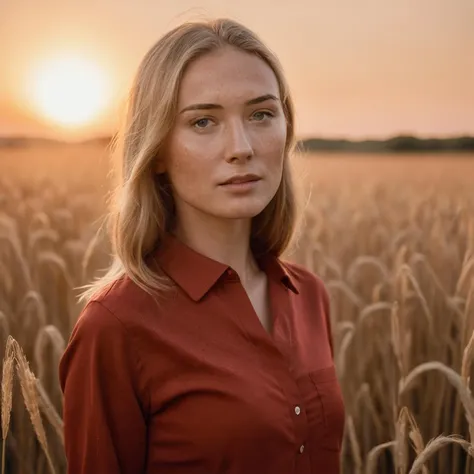 RAW photo, fashion photography, pictorialist style, sharp focus, movie shot with film grain, best quality, masterpiece, ultra high res, photorealistic, 8K raw photo, professional photography, award winning photo, uhd, dslr, soft lighting, high quality, film grain, Fujifilm XT3
outdoor scene in early sunrise morning light, portrait of a beautiful blonde woman wearing a red shirt, she is standing in a barley field at golden hour, high detailed skin, intricate skin details, visible skin detail, mascara, skin pores, light freckles, skin fuzz, blush, translucent skin, subsurface scattering, minor skin imperfections, wrinkles, vitiligo spots, skin fuzz <lora:polyhedron_all_sdxl-000004:0.8>, <lora:polyhedron_golden_hour_000006:0.5>