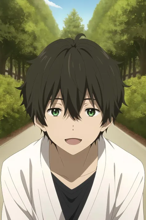 oreki houtarou, 1boy, male focus, solo, brown hair, green eyes, looking at viewer, outdoors, smile, tree, open mouth, leaf, bush