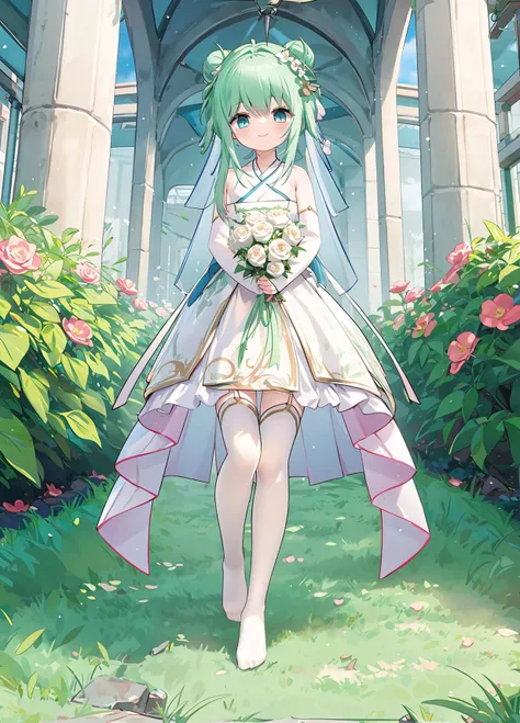 masterpiece,best quality,full body,1girl,long hair,white legwear,no shoes,bridal gauntlets,wedding dress,white hanfu,bridal veil,grass,(floral arch:1.1),(light smile:0.9),<lora:mimi:1:face>blush,<lora:epi_noiseoffset2:0.3>,hair bun, double_bun,
