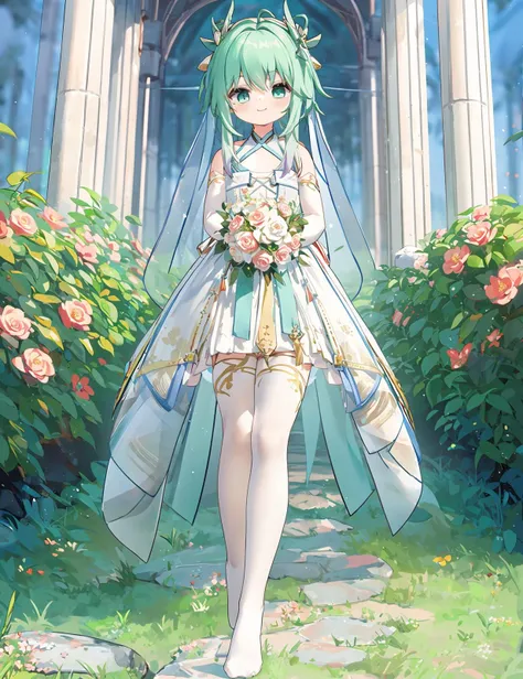 masterpiece,best quality,full body,1girl,long hair,white legwear,no shoes,bridal gauntlets,wedding dress,white hanfu,bridal veil,grass,(floral arch:1.1),(light smile:0.9),<lora:mimi:1:face>blush,<lora:epi_noiseoffset2:0.3>,