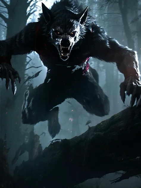 zdyna_pose, a werewolf in a zdyna_pose leaping over a fallen tree in a dark misty forest, cinematic lighting <lora:action-sdxl-V0.5:1>