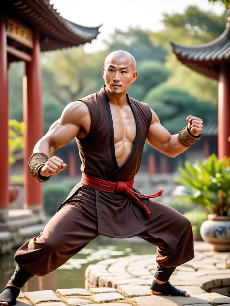 cinematic film still an action shot of a ancient chinese kung fu master monk in monk outfit with muscular body and bald head, he is wearing brown single bead necklace BREAK and black bead bracelet BREAK , he is side-kicking a pottery bottle of spicy wine in the air. ancient chinese style garden of temple as background, full body, zdyna_pose <lora:!action-sdxl-V0.5:0.8> <lora:add-detail-xl:0.5> . shallow depth of field, vignette, highly detailed, high budget, bokeh, cinemascope, moody, epic, gorgeous, film grain, grainy