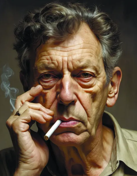 portrait in the style of lucian freud. smoking a cigarette,mouth slightly open. he is holding his hands in front of his eyes. face has many wrinkles,cuts. he is looking down. oil,thick brush strokes. hard,strong shadows under the head. high contrast. clean gray brown background. lit by a single hard light from above their heads. perspective from below. 30 mm. hyperrealistic. oct <lora:lora-sdxl-perfect-eyes:0.3> zdyna_pose <lora:!action-sdxl-V0.5:0.7>