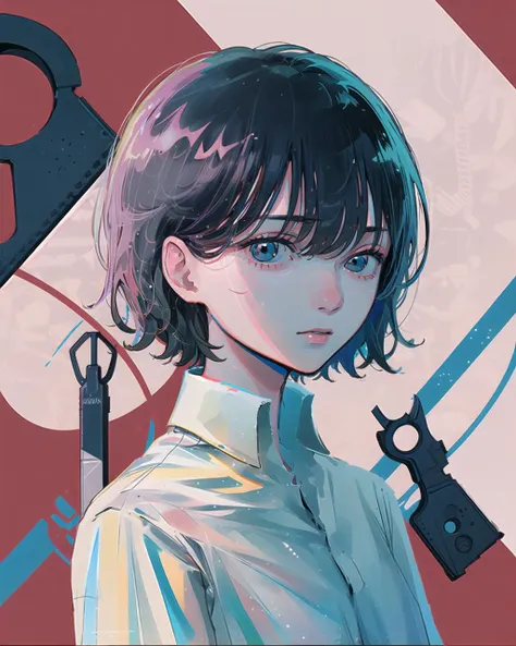 Ultramarine, solo, 1girl, short hair, looking at viewer, shirt, white shirt, collared shirt, scissors, blue eyes, bangs <lora:Ultramarine-000018:1>