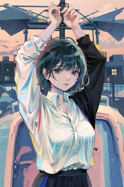 blue theme,Ultramarine, 1girl, solo, looking at viewer, shirt, short hair, collared shirt, white shirt, skirt, blue hair, bangs<lora:Ultramarine:1>