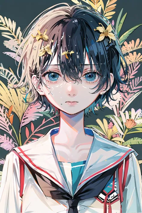 Ultramarine, 1girl, solo, blue hair, short hair, flower, looking at viewer, sailor collar, blue sailor collar, blue eyes, school uniform, portrait, serafuku, bangs, tears, hair between eyes<lora:Ultramarine:1>