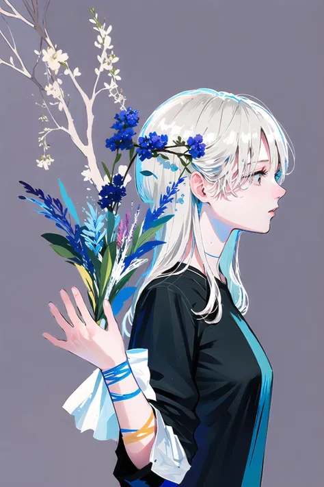 blue theme,Ultramarine, 1girl, solo, flower, long hair, simple background, profile, upper body, hair flower, black shirt, shirt, leaf, hands up, grey hair, bandages<lora:Ultramarine-000018:1>