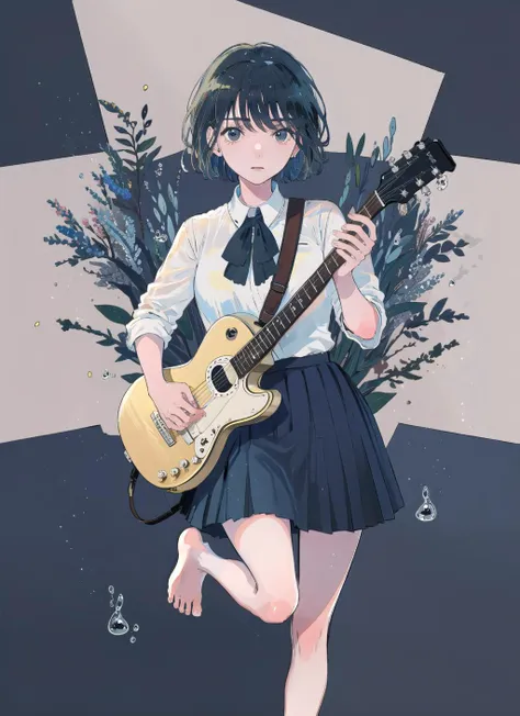 Ultramarine, 1girl, solo, skirt, guitar, instrument, short hair, shirt, blue eyes, blue hair, blue skirt, white shirt, pleated skirt, bubble, looking at viewer, collared shirt, barefoot,  bangs <lora:Ultramarine-000018:1>