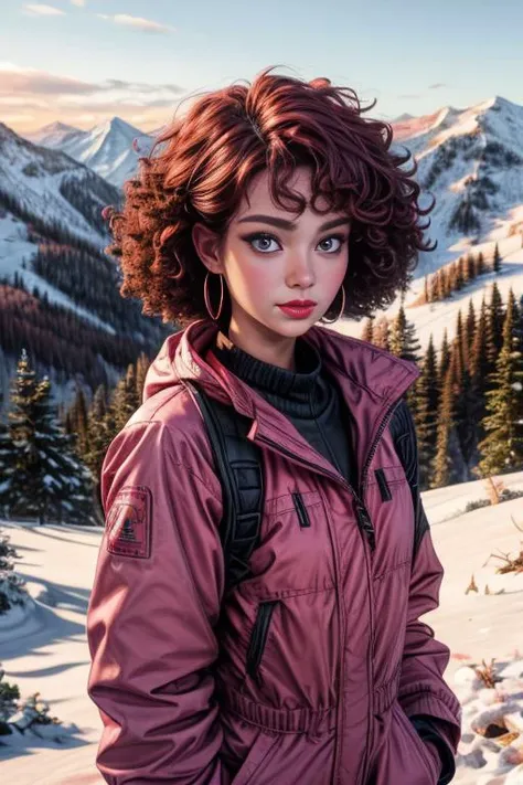 A half body photo portrait of a attractive woman 21 y.o., NSFW,
Snow pants, Dame, Short, in shape, Round Face, Fair Skin, Auburn Hair, pink Eyes, Straight Nose, Full Lips, Receding Chin, Shoulder-Length Hair, Curly Hair, Fluffy Afro, natural breasts, Dangle earrings, coral matte lipstick, a serene snow-covered mountain valley,
Masterpiece, hi res, 8k, award winning, high quality, professional, 4k, highly detailed, <lora:more_details:0.6>