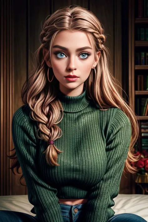 A half body photo portrait of a attractive woman 21 y.o., NSFW,
winter, A lightweight sweater with black jeans and combat boots, Madame, Tall, Toned, Oval Face, Olive Skin, Strawberry Blonde Hair, Blue Eyes with Green Flecks, Wide Nose, Thin Lips, Round Chin, Long Hair, Wavy Hair, Viking Braid, round breasts, Drop earrings, fuchsia velvet lipstick,
Masterpiece, hi res, 8k, award winning, high quality, professional, 4k, highly detailed, <lora:more_details:0.6>