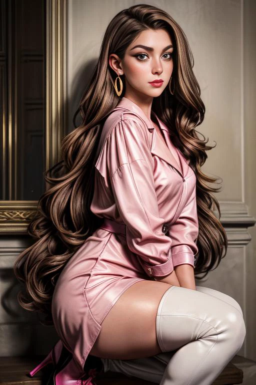 A half body photo portrait of a attractive woman 21 y.o., NSFW,
Neo-Conceptualism, aesthetic, Bruegel, Diagonal, Golden Ratio, Oceanic, Smoke, Heiress, Average Height, Toned, Diamond-Shaped Face, Olive Skin, Light Brown Hair, gold Eyes, [[Curved Nose]], Thin Lips, Prominent Chin, Long Hair, Thick Hair, French Roll, large breasts, Dangle earrings, hot pink cream lipstick, A wrap dress with heeled booties,
Masterpiece, hi res, 8k, award winning, high quality, professional, 4k, highly detailed, <lora:more_details:0.6>
