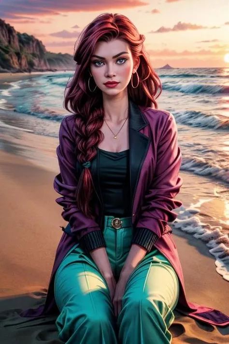 A half body photo portrait of a attractive woman 21 y.o., NSFW,
Flared pants with a matching blazer and pointy-toe flats, Miss, Average Height, Firm, Oval Face, Dark Skin, Red Hair, green Eyes, Long Nose, Pouty Lips, Prominent Chin, Long Hair, Straight Hair, Boho Braid, soft breasts, Huggie earrings, magenta satin lipstick, a secluded, sandy beach at sunset,
Masterpiece, hi res, 8k, award winning, high quality, professional, 4k, highly detailed, <lora:more_details:0.6>