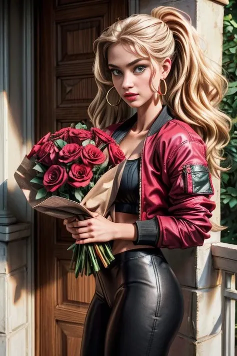 A half body photo portrait of a attractive woman 21 y.o., NSFW,
Bomber jacket with a sweater and leggings, Songstress, Average Height, Thin, Square Face, Fair Skin, Golden Blonde Hair, Green Eyes, [[Curved Nose]], Thick Lips, Sharp Chin, Long Hair, Fine Hair, Low Ponytail, firm breasts, Hoop earrings, hot pink sheer lipstick, Red Satin Babydoll, A bouquet of flowers on a doorstep, bright sun, strobe,
Masterpiece, hi res, 8k, award winning, high quality, professional, 4k, highly detailed, <lora:more_details:0.6>