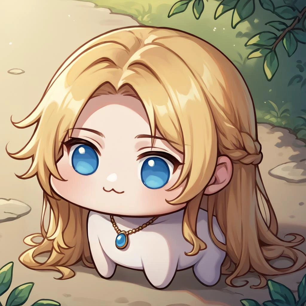 source_anime, score_9, score_8_up, score_9, 1girl, solo, <lora:NSHaleyStardew:1> NSHaleyStardew, long hair, blonde hair, blue eyes, <lora:Doro_X_PDXL_V1:0.8> doro, creature, :3, chibi, no humans, white skin, four legs, solid circle eyes, no pupils, necklace, jewelery