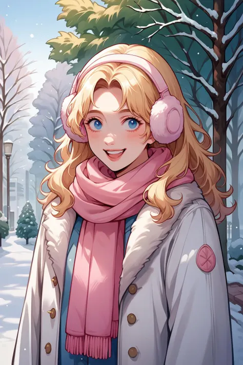 source_anime, score_9, score_8_up, score_9, 1girl, solo, <lora:NSHaleyStardew:1> NSHaleyStardew, long hair, blonde hair, blue eyes, winter, pink scarf, long coat, fur coat, white coat, trees, park, outdoors, white background, happy, pink earmuffs