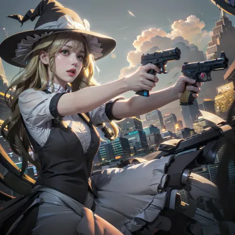 <lora:marisa:1.2>,1girl,blonde hair,witch hat,yellow eyes,long hair,vest,apron,bow,short sleeves,hat bow,braid,puffy sleeves,skirt,holding handgun,glock,fancy gun,gold decoration,