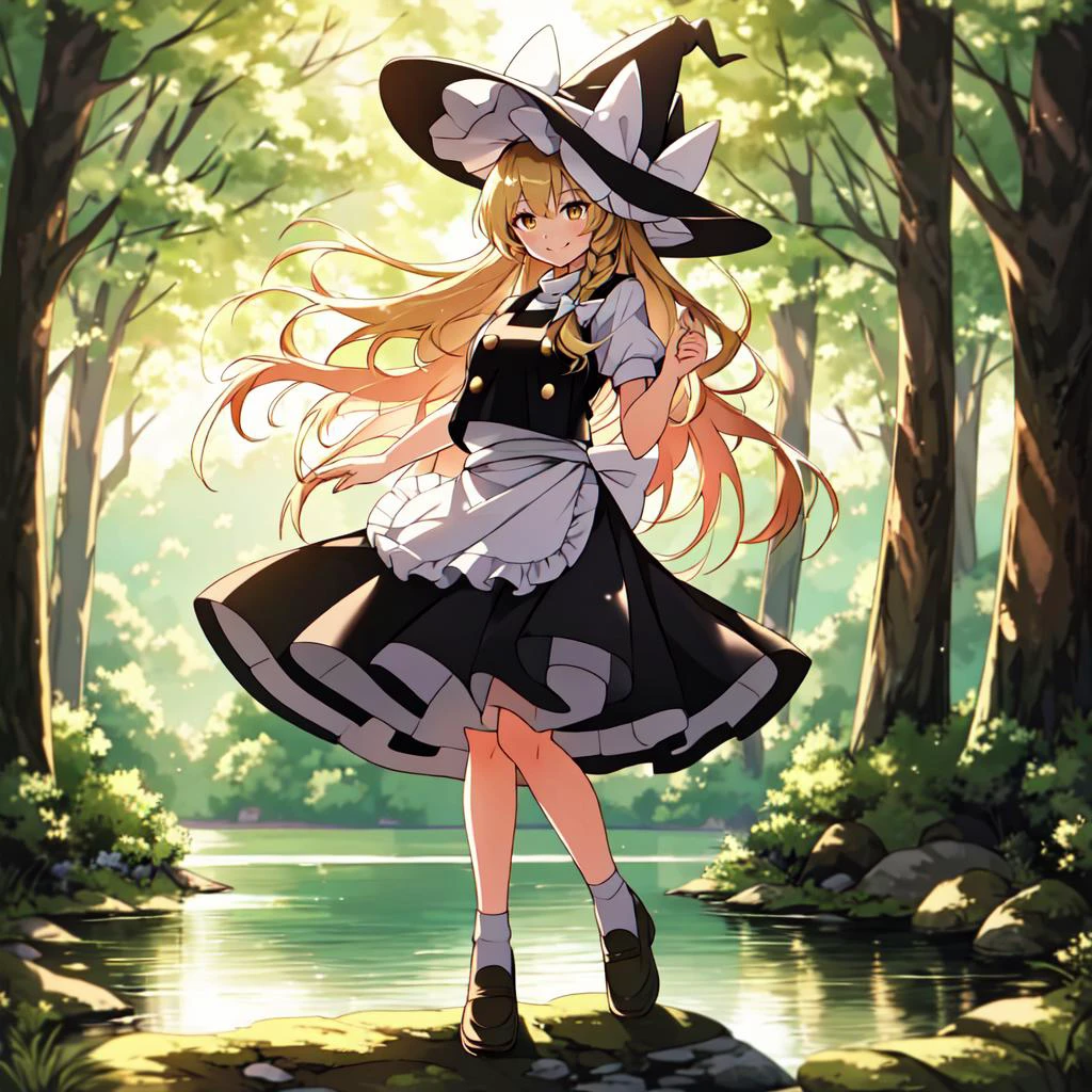 masterpiece, best quality, illustration, beautiful detailed, finely detailed, dramatic light, intricate details, colorful, 1girl, smiling, (((long shot, full body portrait))), <lora:Marisa_V1:1.0> blonde hair, witch hat, yellow eyes, long hair, vest, apron, white bow, short sleeves, hat bow, braid, puffy sleeves, skirt, kirisame marisa, forest, near a ((lake)), day