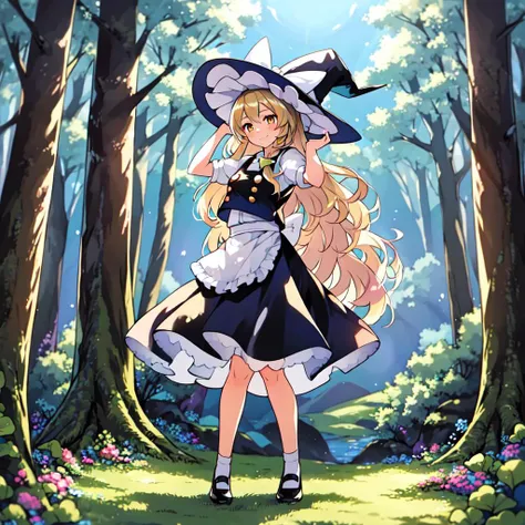 masterpiece, best quality, illustration, beautiful detailed, finely detailed, dramatic light, intricate details, colorful, 1girl, smiling, (((long shot, full body portrait))), <lora:Marisa_V1:1.0> blonde hair, witch hat, yellow eyes, long hair, vest, apron, white bow, short sleeves, hat bow, braid, puffy sleeves, skirt, kirisame marisa, mushroom forest, (day, blue sky)