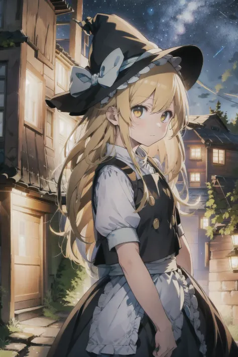 <lora:marisa:1>,1girl, blonde hair, witch hat, yellow eyes, long hair, vest,apron, bow, short sleeves, hat bow, braid, puffy sleeves, skirt, (best quality, 8K, masterpiece, ultra detailed:1.2), wide shot, depth of field, night, gredient sky, starry sky, beautiful clouds, constellation, grassland, wildflowers, surreal colors, glowing foliage, otherworldly atmosphere, cobblestone streets, 1girl, solo, wind, from behind, arms behind back, full body, looking ahead, hiding hand