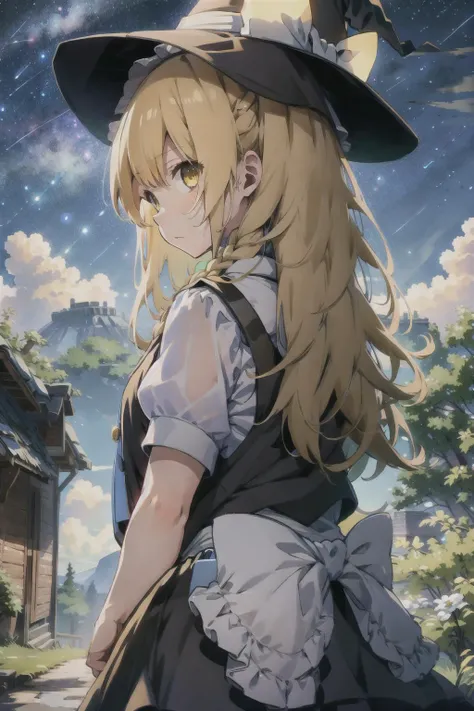 <lora:marisa:1>,1girl, blonde hair, witch hat, yellow eyes, long hair, vest,apron, bow, short sleeves, hat bow, braid, puffy sleeves, skirt, (best quality, 8K, masterpiece, ultra detailed:1.2), wide shot, depth of field, night, gredient sky, starry sky, beautiful clouds, constellation, grassland, wildflowers, surreal colors, glowing foliage, otherworldly atmosphere, cobblestone streets, 1girl, solo, wind, from behind, arms behind back, full body, looking ahead, hiding hand