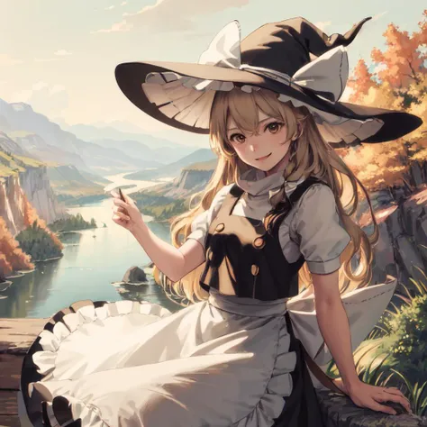 masterpiece, best quality, illustration, beautiful detailed, finely detailed, dramatic light, intricate details, colorful, 1girl, solo, smiling, <lora:Marisa_V1:1> blonde hair, witch hat, yellow eyes, long hair, vest,apron, bow, short sleeves, hat bow, braid, puffy sleeves, skirt, kirisame marisa, river, trees, rocks, day