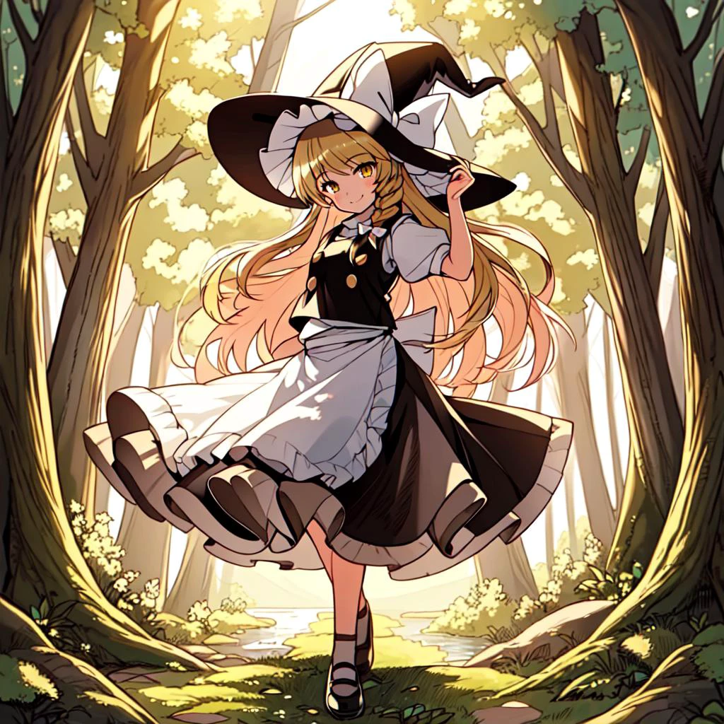 masterpiece, best quality, illustration, beautiful detailed, finely detailed, dramatic light, intricate details, colorful, 1girl, smiling, (((long shot, full body portrait))), <lora:Marisa_V1:1.0> blonde hair, witch hat, yellow eyes, long hair, vest, apron, bow, short sleeves, hat bow, braid, puffy sleeves, skirt, kirisame marisa, forest, lake