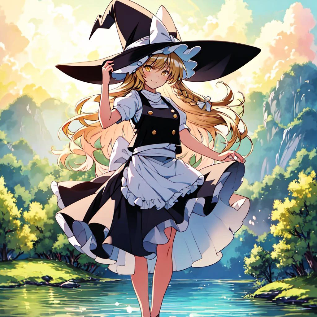 masterpiece, best quality, illustration, beautiful detailed, finely detailed, dramatic light, intricate details, colorful, 1girl, smiling, (((long shot, full body portrait))), <lora:Marisa_V1:1.0> blonde hair, witch hat, yellow eyes, long hair, vest, apron, white bow, short sleeves, hat bow, braid, puffy sleeves, skirt, kirisame marisa, near a (lake), day, blue sky