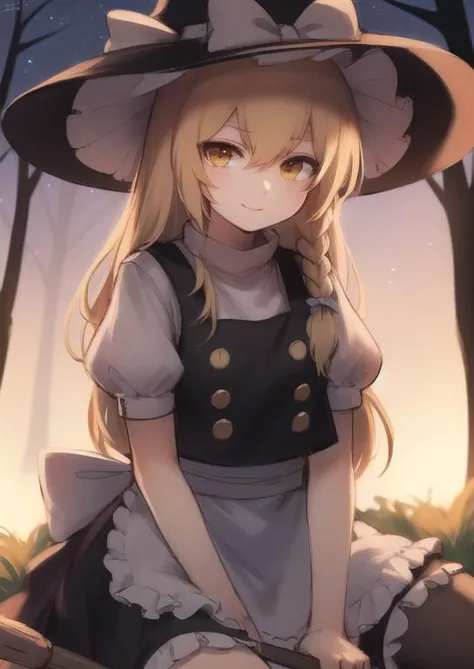 (masterpiece, best quality:1.2), extremely detailed, soft ambient lighting, sharp focus, 4K, BREAK <lora:marisa:1>, kirisame marisa, 1girl, blonde hair, witch hat, yellow eyes, long hair, vest, apron, bow, short sleeves, hat bow, braid, puffy sleeves, skirt, BREAK outdoors, forest, nighttime, starred sky, looking at viewer, gentle smile, sitting on broom,