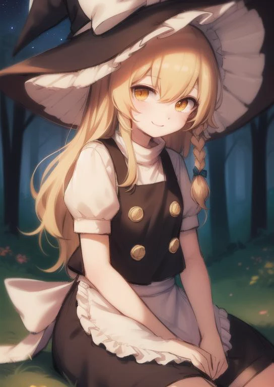 (masterpiece, best quality:1.2), extremely detailed, soft ambient lighting, sharp focus, 4K, BREAK <lora:marisa:1>, kirisame marisa, 1girl, blonde hair, witch hat, yellow eyes, long hair, vest, apron, bow, short sleeves, hat bow, braid, puffy sleeves, skirt, BREAK outdoors, forest, nighttime, starred sky, looking at viewer, gentle smile, sitting