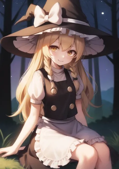(masterpiece, best quality:1.2), extremely detailed, soft ambient lighting, sharp focus, 4K, BREAK <lora:marisa:1>, kirisame marisa, 1girl, blonde hair, witch hat, yellow eyes, long hair, vest, apron, bow, short sleeves, hat bow, braid, puffy sleeves, skirt, BREAK outdoors, forest, nighttime, starred sky, looking at viewer, gentle smile, sitting