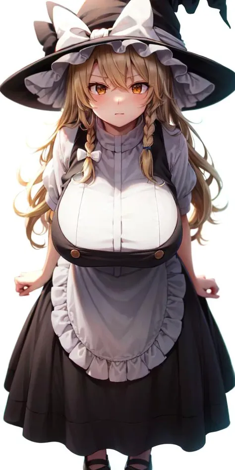 <lora:marisa:1>,kirisame marisa,1girl, blonde hair, witch hat, yellow eyes, long hair, vest,apron, bow, short sleeves, hat bow, braid, puffy sleeves, skirt,(white background, simple background,full body:1),standing,(gigantic breasts:1)