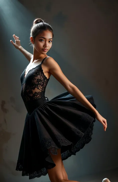 score_9, score_8_up, score_7_up, (1girl:1.8), photorealistic, ballerina, brown skin, shoulder length hair, half body shot, black lace dressâââ, extremely sharp focus, fine details, symmetrical eyes, soft even lightingâââ