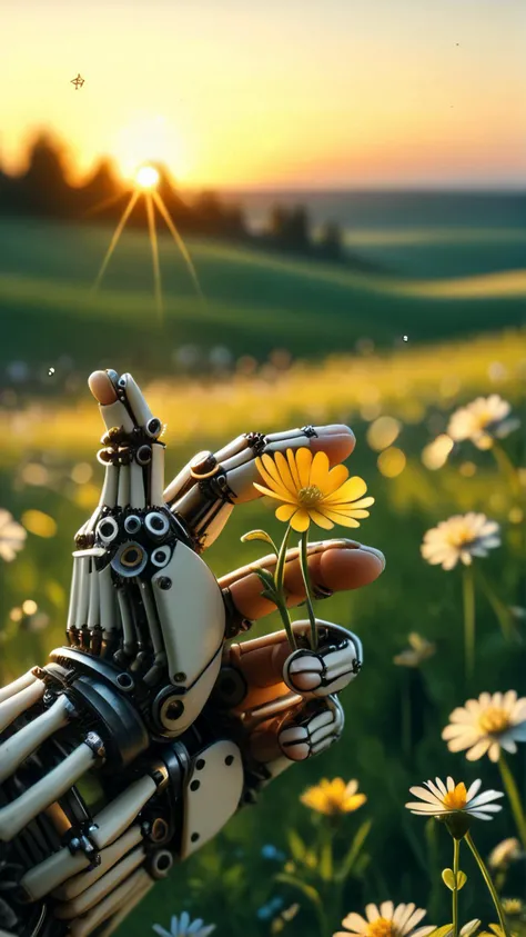delicate buttercup flower, closeup of a skeletal hand made out of gears touching a small delicate flower, <lora:Gears_World_Morph:1.2> g3ars made of ivory, bokeh, green meadow with wildflowers in the background, sunset, <lora:d3t41l3dXLP:0.7> d3t41l3d <lora:controlnetxlCNXL_h94IpAdapterPlus:1>