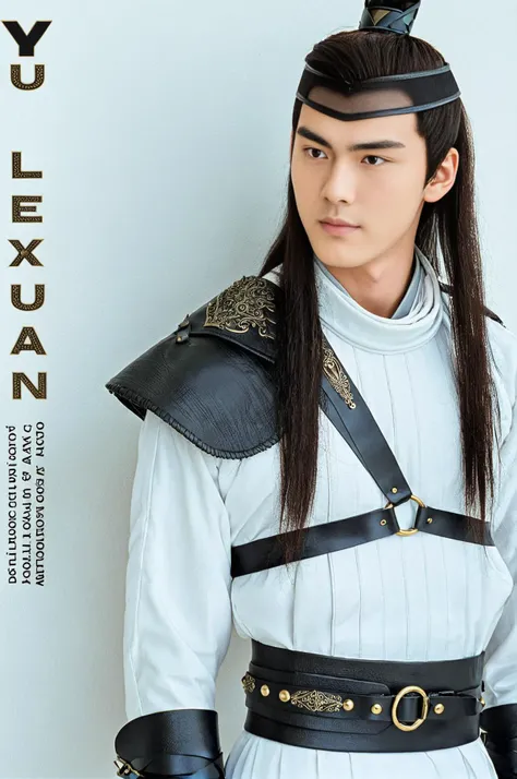 magazine cover with bold text in vertical orientation saying "YU LEXUAN", face focus, upper body shot, young asian male, yulexu4nblk, best quality, fit, long hair,  wide hips, black leather belt with a brass buckle, wearing white hanfu made of cotton,  textured black epaulettes made of leather with metal decoration,  <lora:yulexuanblkv1:0.65> <lora:control-lora-openposeXL2-rank256:1>