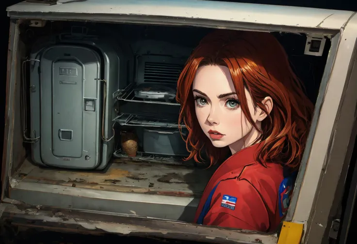 karen gillan, ginger hair, character concept art of karen gillan,black background, apocalyptic subway, old bed, old fridge, old stove, old tv, dark, sewer, melancholic, watercolor, bold pencil outline, professional art, high detail, intricate detail, high resolution, steam,woman with dark shiny oiled skin,,medium hair, hair between eyes,,Doing martial arts,Superman,front view, extreme close-up seen from below