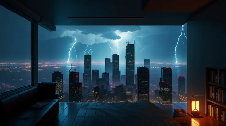 moody aesthetic, beautiful cozy, cramped bedroom with floor to ceiling glass windows overlooking a cyberpunk city at night, view from top of skyscraper, white bedsheets, bookshelves, thunderstorm outside with torrential rain, detailed, high resolution, photorrealistic, dark, gloomy