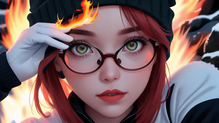 a captivating image of a beautiful woman,,red pubic hair,,cute, glasses, winter clothes, (sweater), beanie, snow, parted lips, gloves, ((close-up)), made of fire, fire sparks, fire eyes, fire lips, hot,Crossing fingers,dramatic landscapes of New Zealand's South Island are a playground for outdoor enthusiasts, with hiking, skiing, and bungee jumping,Nikon d3300,Light caustics,High Fashion Photography