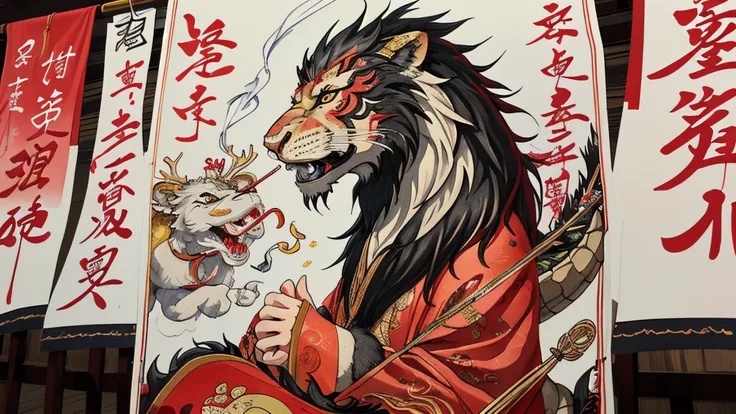 hyper detailed masterpiece,realistic,lunar newyear,Ink and wash painting,Cheerful,Spring scrolls,Vertical banners with wishes for the new year,Offering sacrifices to ancestors,honoring family heritage and roots,Temples,Busy with worshippers praying for good fortune,surrounded by incense smoke and festive decorations,Dragon and lion dances,Sparklers,Hand-held fireworks that sparkle,adding a personal touch to celebrations