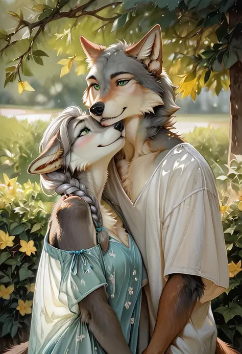 score_9, score_8_up, score_7_up, realistic, duo, 1 girl,slender anthro female wolf,  green eyes, gray fur, furry, fluffy fur, fluffy wolf tail, elegant summer dress,  furry hands,  smile, head rest on shoulder of male anthro, 1 male, anthro wolf, elegant clothing. holding female anthro
watercolor \(medium\), traditional media, braided gray hair, gray twin braids, (ears folded back), folded ears, park,