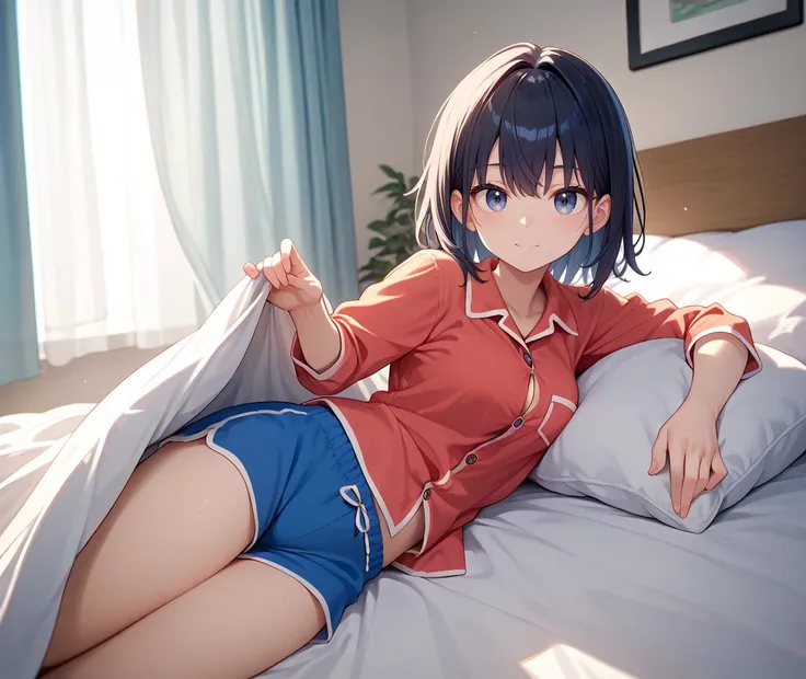 score_9,score_8_up,score_7_up,
1girl, pajamas, shorts, 
solo, cowboy shot, looking at viewer,
on bed, on side, lying, bed invitation, blanket, from side, under covers, curtains,
<lora:bedinvitation:1>